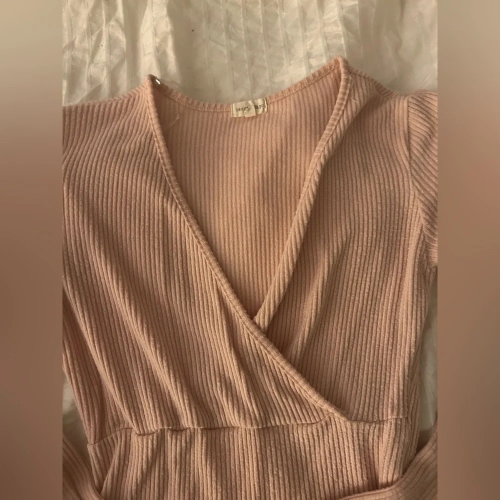 Heart & Hips S Pink Ribbed Balletcore Long Sleeve Blouse Top W/ Lettuce Hem